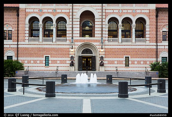 Fountain, and building, Rice University. Houston, Texas, USA (color)