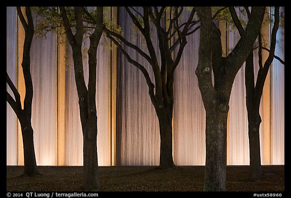 Trees and back Gerald D. Hines Waterwall at night. Houston, Texas, USA (color)
