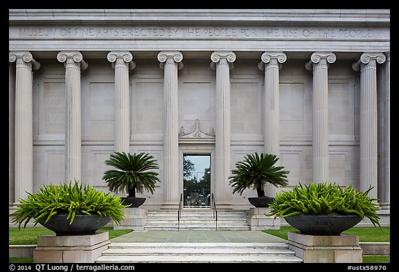 Facade with columuns and motto, Museum of Fine Arts. Houston, Texas, USA (color)