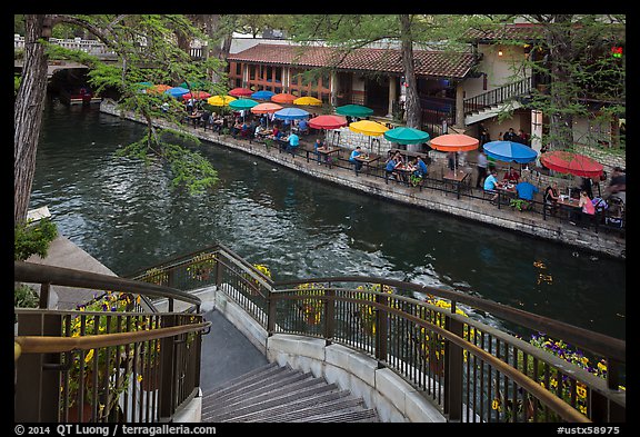 Staircase and colorful umbrellas, Riverwalk. San Antonio, Texas, USA (color)