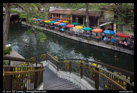 Staircase and colorful umbrellas, Riverwalk. San Antonio, Texas, USA (color)