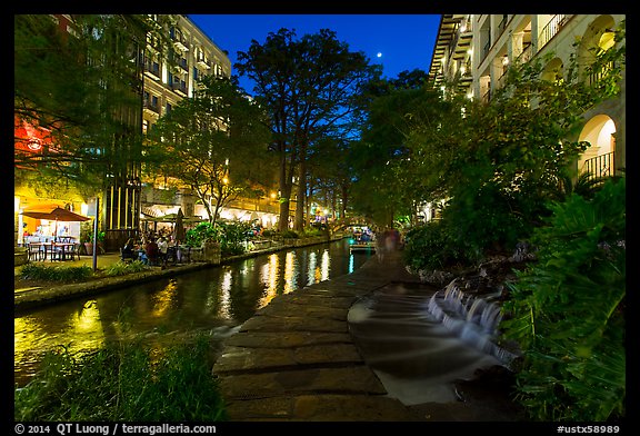 Waterfall at dusk, Riverwalk. San Antonio, Texas, USA (color)