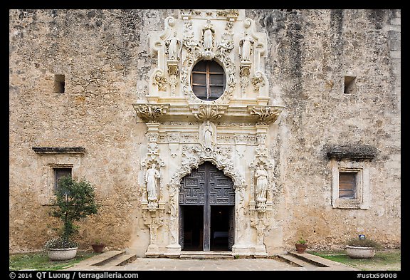 Facade of Mission San Jose church. San Antonio, Texas, USA (color)