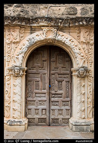 Rear portal to the church, Mission San Jose. San Antonio, Texas, USA (color)