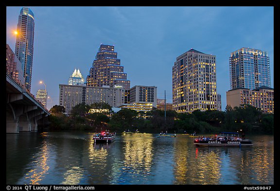 Tour boats on Colorado River. Austin, Texas, USA (color)