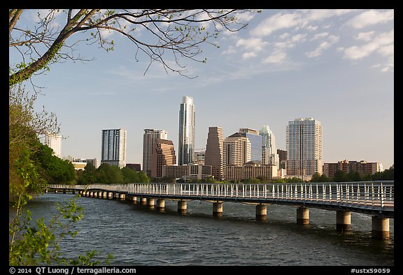 Skyline and pier over Colorado River. Austin, Texas, USA (color)