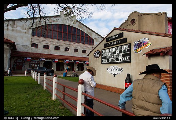 Men in front of Cowtown Coliseum. Fort Worth, Texas, USA (color)