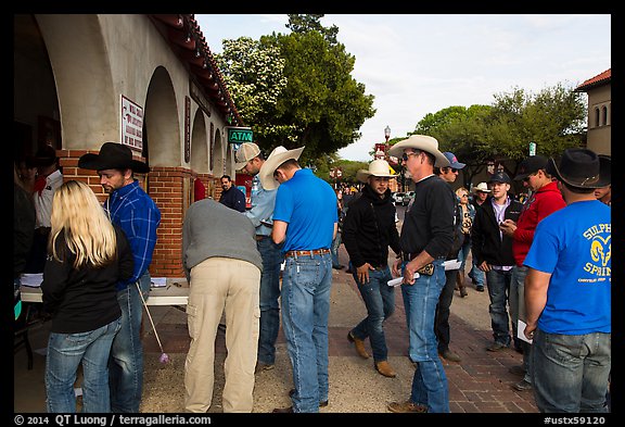 Rodeo contestants line up, Stockyards. Fort Worth, Texas, USA (color)