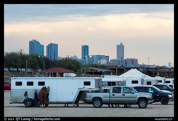 Trucks with horse trailers and skyline. Fort Worth, Texas, USA (color)