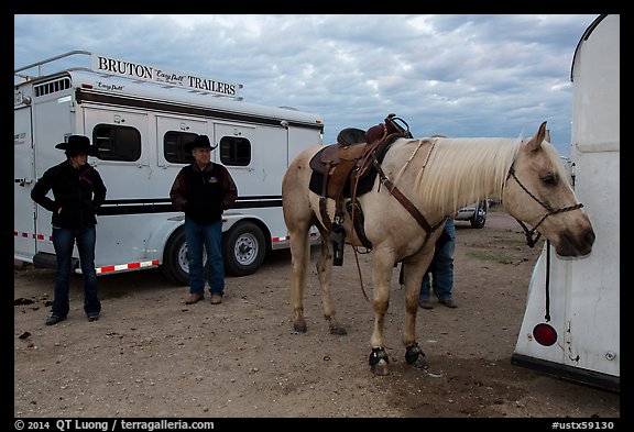 Horse, trailers, and rodeo contestants. Fort Worth, Texas, USA (color)