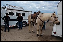 Horse, trailers, and rodeo contestants. Fort Worth, Texas, USA ( color)
