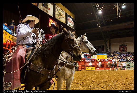 Men riding horses holding lassos. Fort Worth, Texas, USA (color)