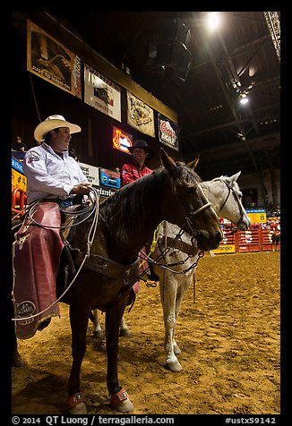 Men with horses and lassos, Stokyards Rodeo. Fort Worth, Texas, USA (color)
