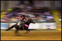 Woman riding horse in speed contest, Stokyards Championship Rodeo. Fort Worth, Texas, USA ( color)
