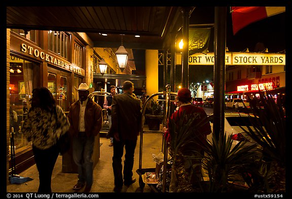 In front of Stockyards Hotel at night. Fort Worth, Texas, USA (color)