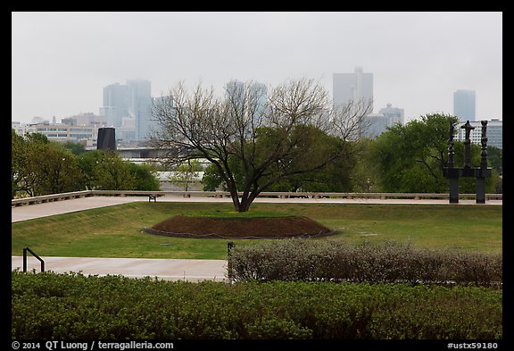Fort Worth skyline from sculpture garden of Ammon Carter Museum. Fort Worth, Texas, USA (color)