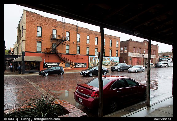 Historic buildings in the rain, Stockyards. Fort Worth, Texas, USA (color)