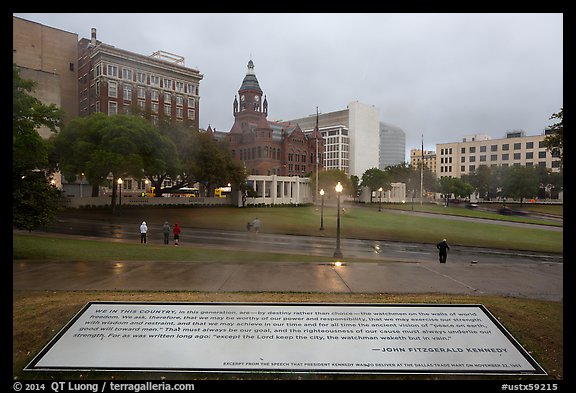Sign commemorating JFK on assassination site. Dallas, Texas, USA (color)