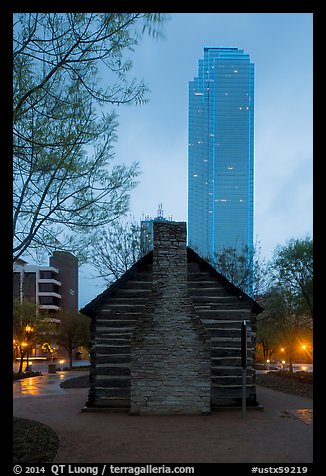 Founder's house and skyscraper at dusk. Dallas, Texas, USA (color)
