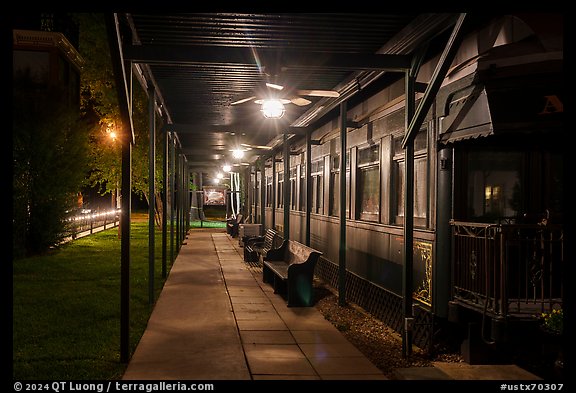 Historic railway car at night. Jefferson, Texas, USA (color)