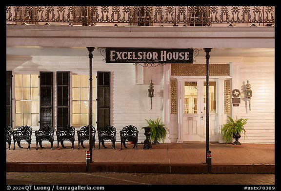 Excelsior House porch at night. Jefferson, Texas, USA