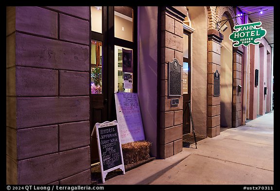Kahn Hotel with ghost walk sign. Jefferson, Texas, USA (color)