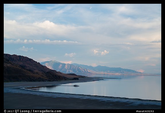 Sky, shoreline and hills, Antelope Island, Great Salt Lake,. Utah, USA (color)