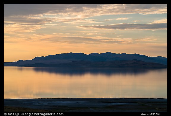 Hills reflected at sunset, Antelope Island, Great Salt Lake,. Utah, USA (color)