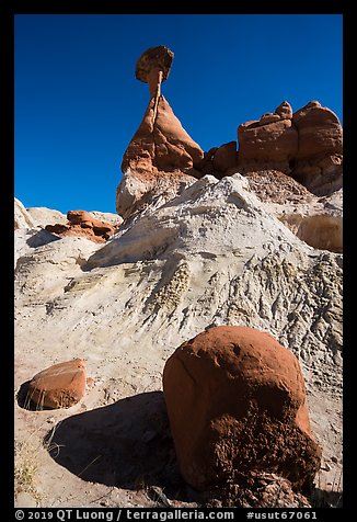 Rock and capped sandstone spire. Grand Staircase Escalante National Monument, Utah, USA (color)