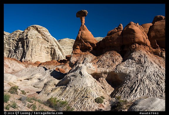 Badlands and caprock sandstone spires. Grand Staircase Escalante National Monument, Utah, USA (color)