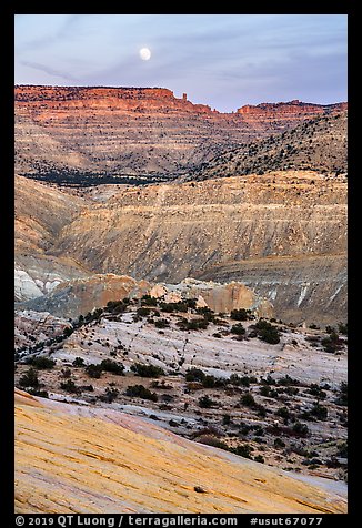 Moon rising over colorful rocks of the Cockscomb. Grand Staircase Escalante National Monument, Utah, USA (color)