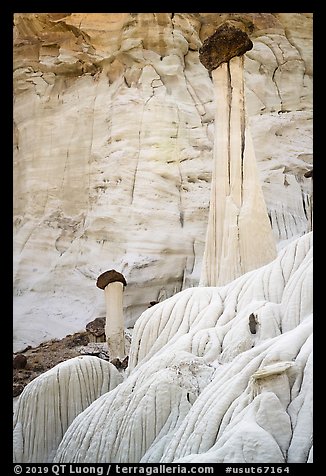 Slender caprock spires and cliff. Grand Staircase Escalante National Monument, Utah, USA (color)