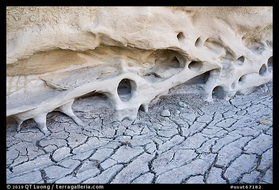 Cracked mud and holes in cliff. Grand Staircase Escalante National Monument, Utah, USA (color)