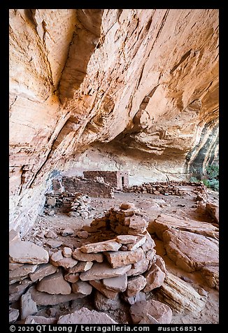 Fireplace and other structures in alcove, Perfect Kiva complex. Bears Ears National Monument, Utah, USA (color)