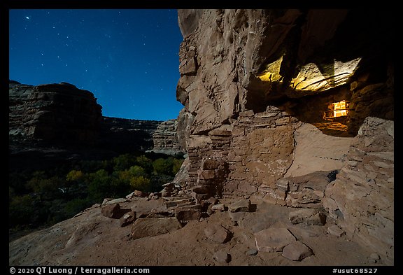 Jailhouse Ruin under moonlight with light from window. Bears Ears National Monument, Utah, USA (color)