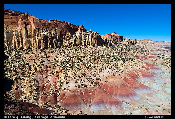 Aerial view of multicolored badlands and cliffs. Grand Staircase Escalante National Monument, Utah, USA (color)