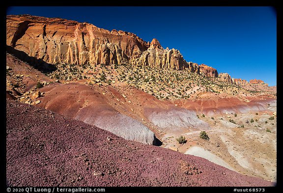 Bentonitic mudstone and sandstone cliffs, Burr Trail. Grand Staircase Escalante National Monument, Utah, USA (color)
