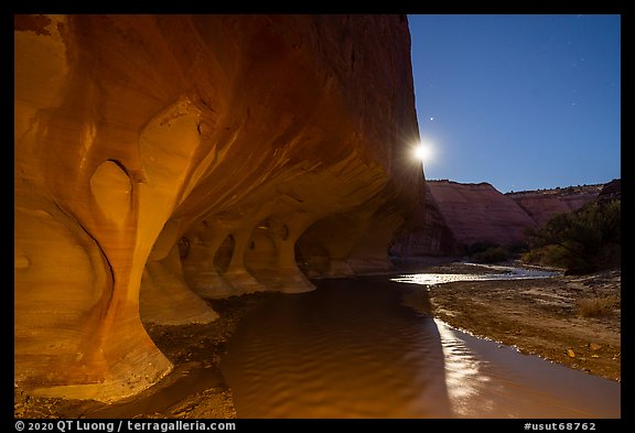 Windows of the Paria River and moon. Grand Staircase Escalante National Monument, Utah, USA (color)