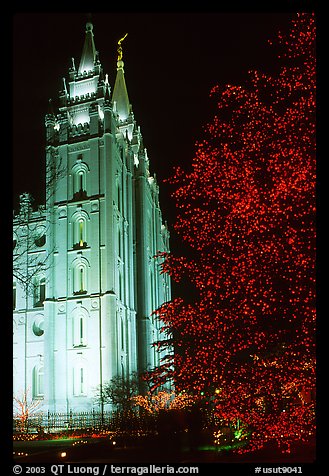 Great Mormon Temple with Christmas lights, Salt Lake City. Utah, USA (color)