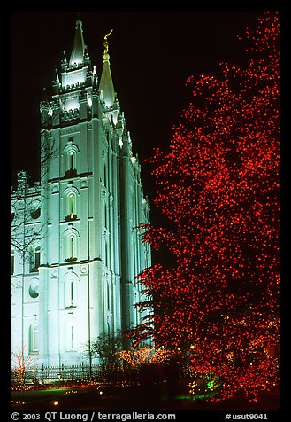 Great Mormon Temple with Christmas lights, Salt Lake City. Utah, USA