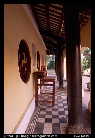 Gallery outside Giac Vien Pagoda with svastikas, district 11. Ho Chi Minh City, Vietnam