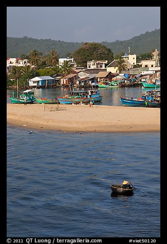 Basket boat, beach and harbor, Duong Dong. Phu Quoc Island, Vietnam (color)