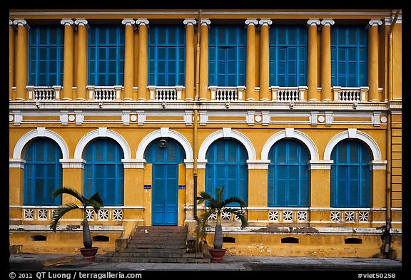Facade of courthouse with blue doors and windows. Ho Chi Minh City, Vietnam (color)