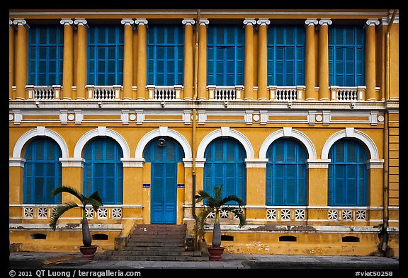 Facade of courthouse with blue doors and windows. Ho Chi Minh City, Vietnam (color)