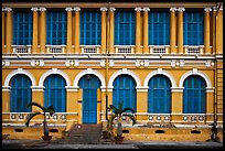 Facade of courthouse with blue doors and windows. Ho Chi Minh City, Vietnam (color)