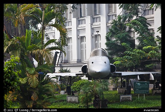 Fighter plane used by renegate South Vietnamese pilot to bomb Presidential Palace. Ho Chi Minh City, Vietnam (color)