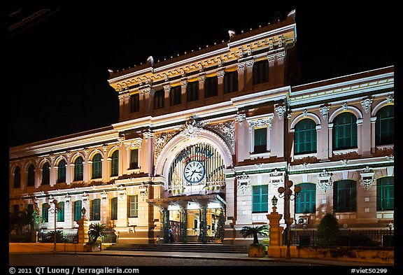 Central Post Office facade at night. Ho Chi Minh City, Vietnam (color)