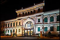 Central Post Office facade at night. Ho Chi Minh City, Vietnam