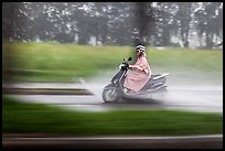 Scooter rider in the rain on parkway, district 7. Ho Chi Minh City, Vietnam ( color)