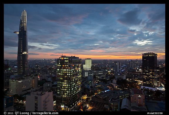 Bitexco Tower and city skyline at sunset. Ho Chi Minh City, Vietnam (color)